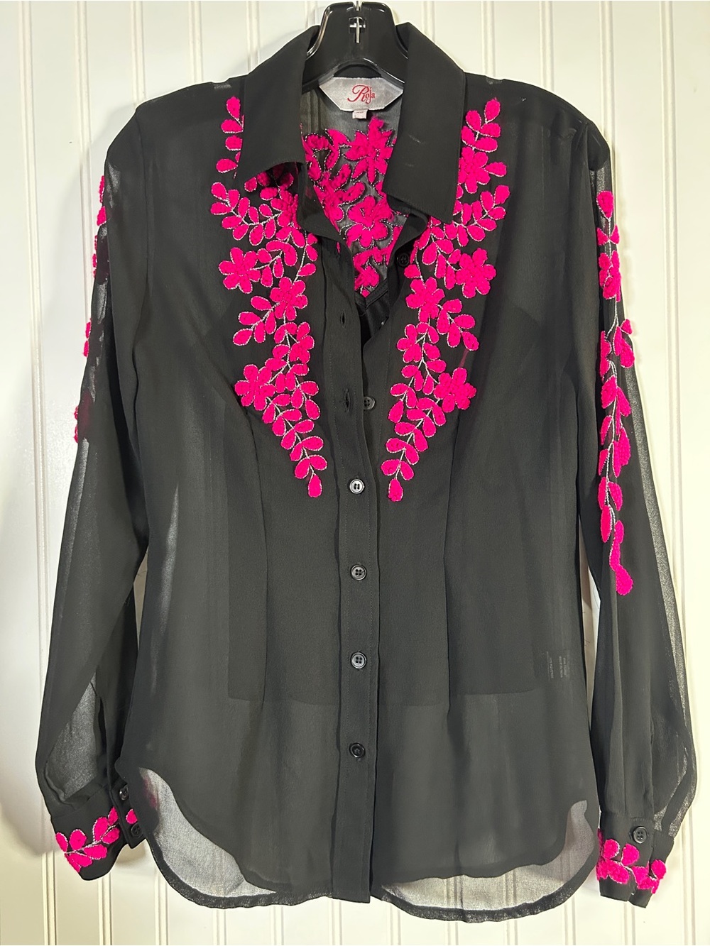 Black Sheer Button-Down Blouse with Fuchsia Floral Embroidery